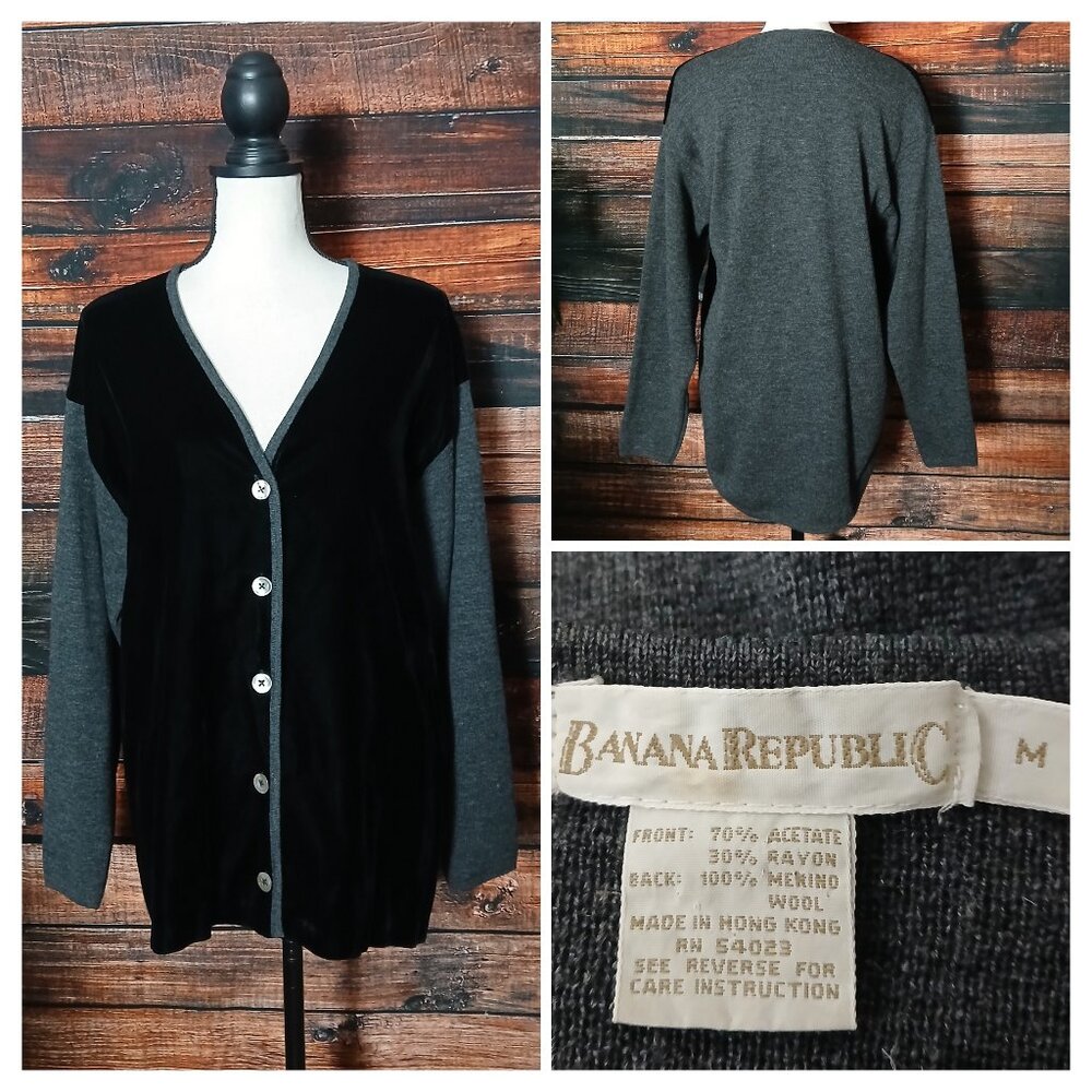 Banana Republic Vintage 80's Cardigan Sweater M Black Velvet Gray Merino Wool